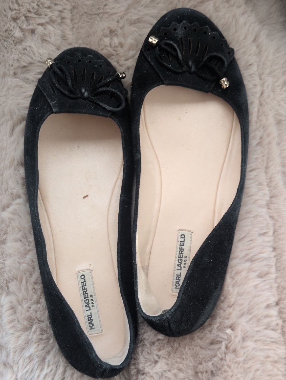 Karl Lagerfeld Black Suede Bow Ballet Flats with Gold Accents